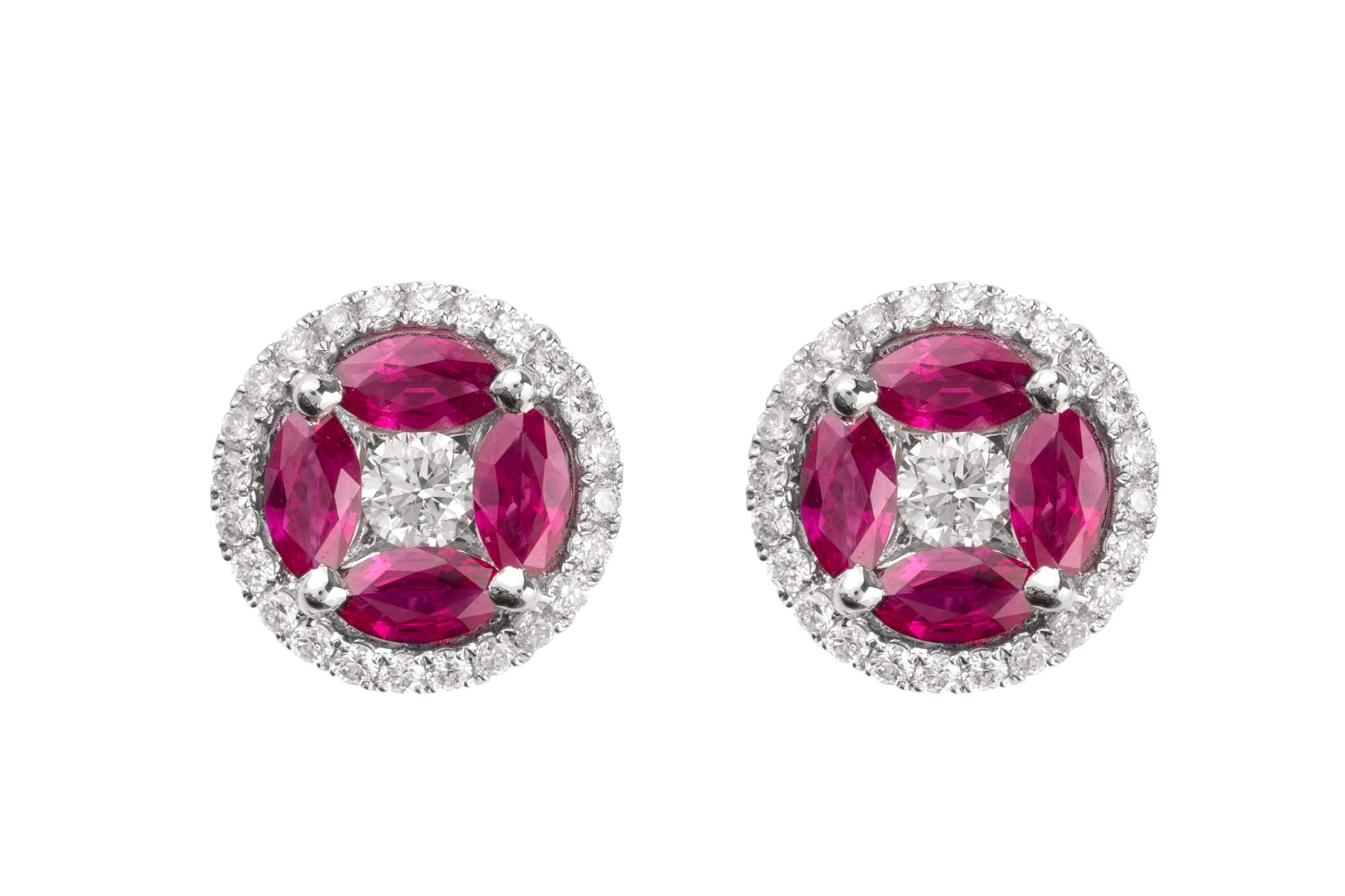 Ruby & Diamond Cluster Earrings in 18ct White Gold