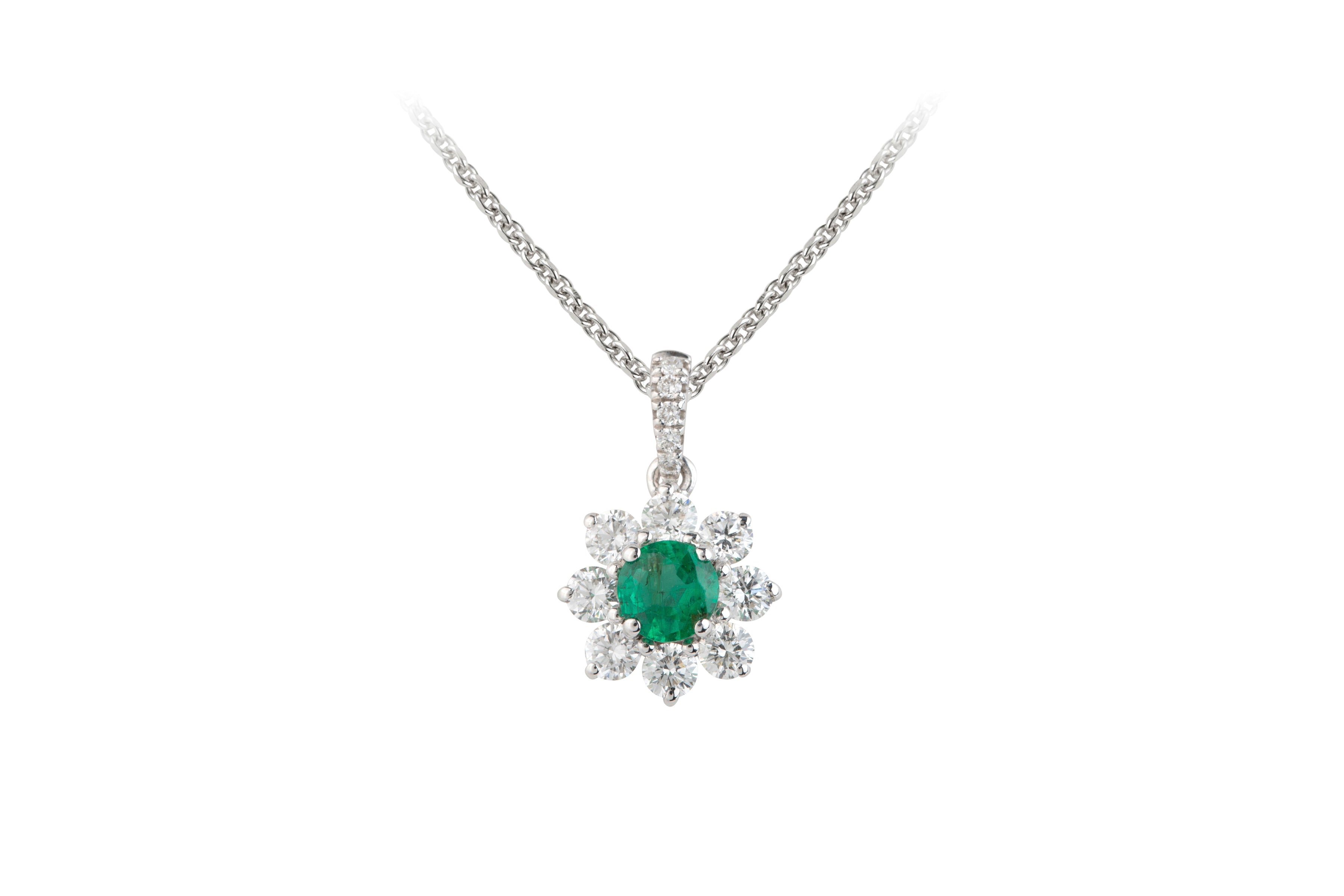 SB13915 Emerald & Diamond Round Cluster Pendant & Chain in 18ct White Gold