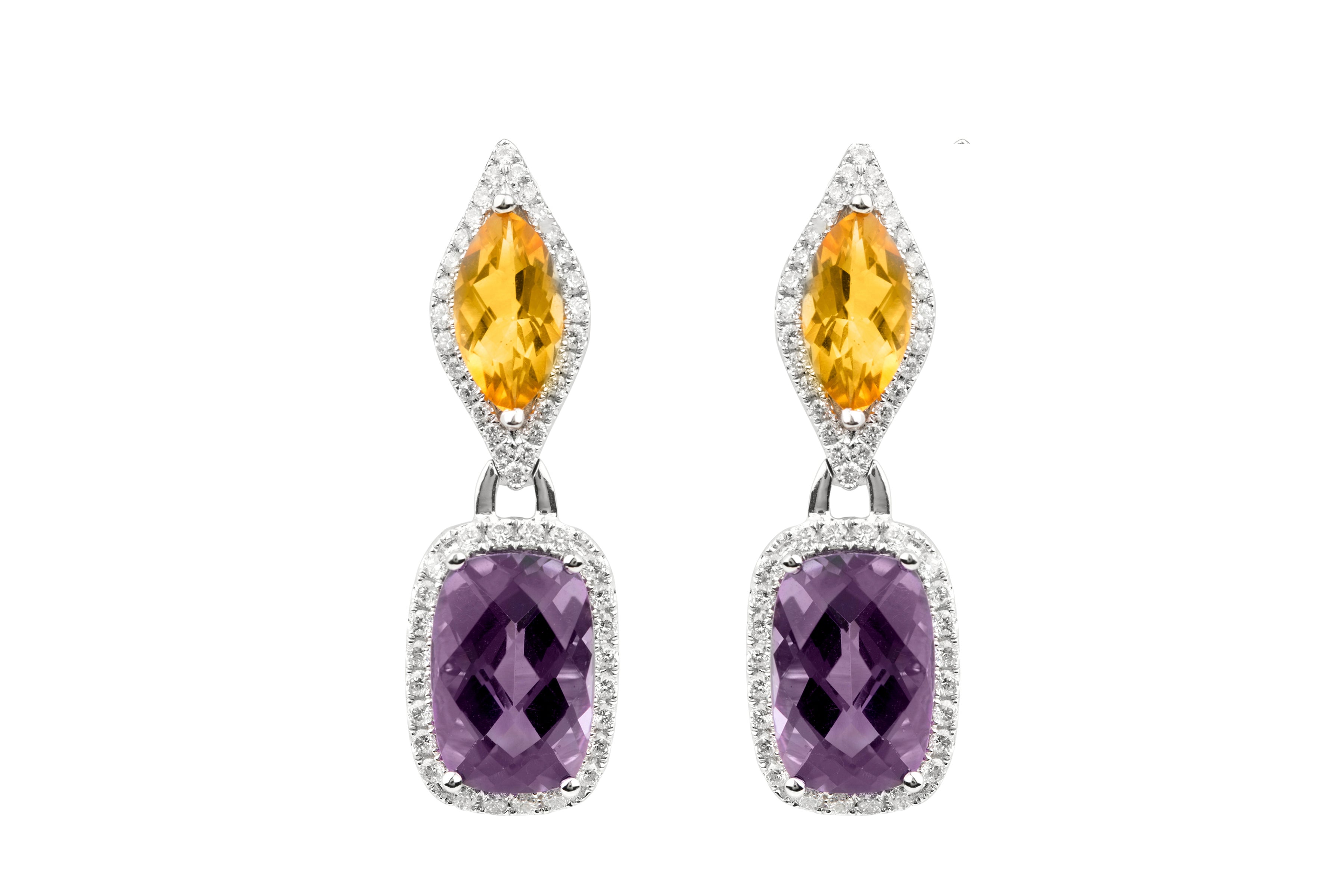 Amethyst, Citrine & Diamond Drop Earrings in 18ct White Gold