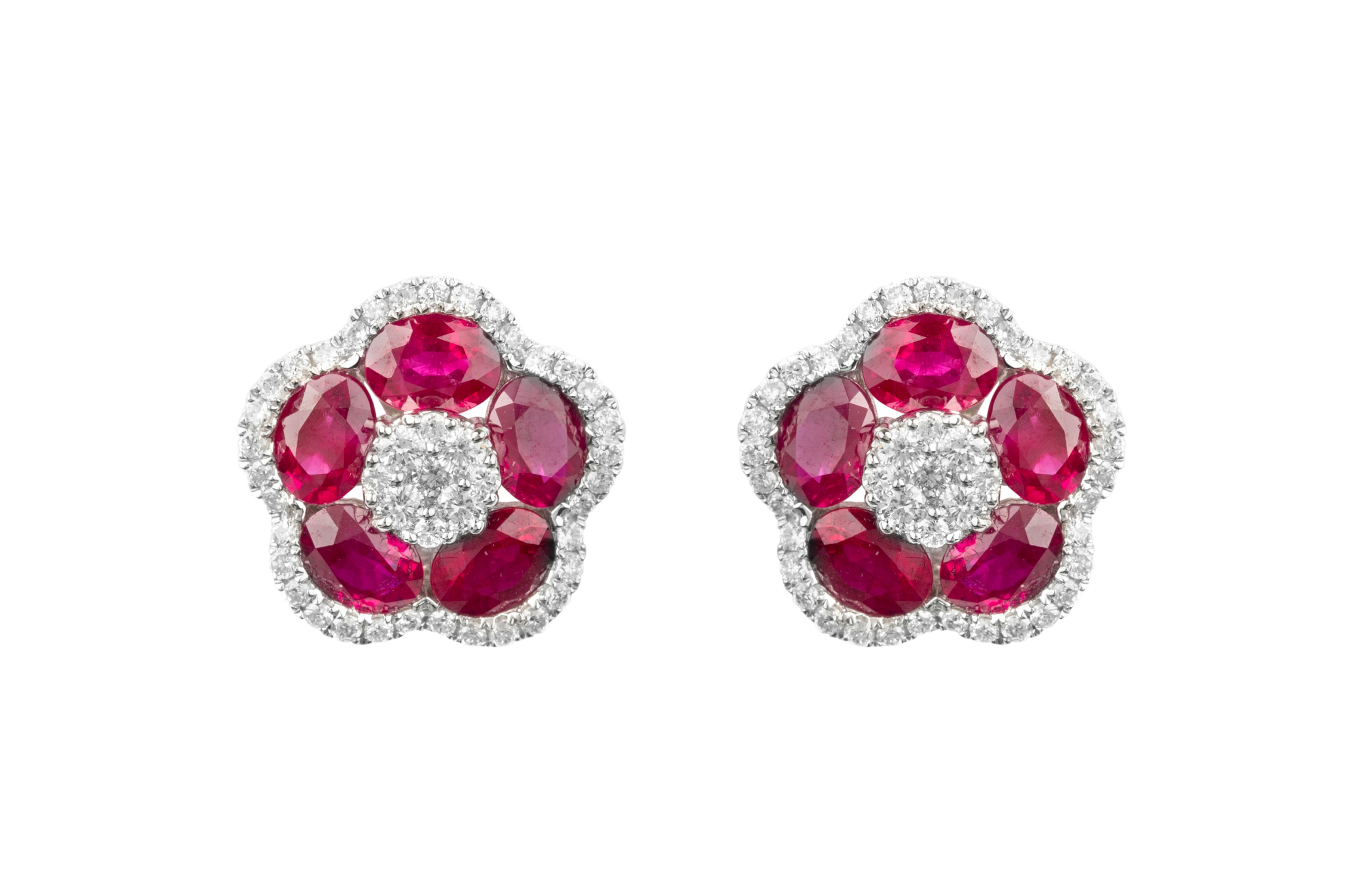 Ruby & Diamond Cluster Earrings in 18ct White Gold