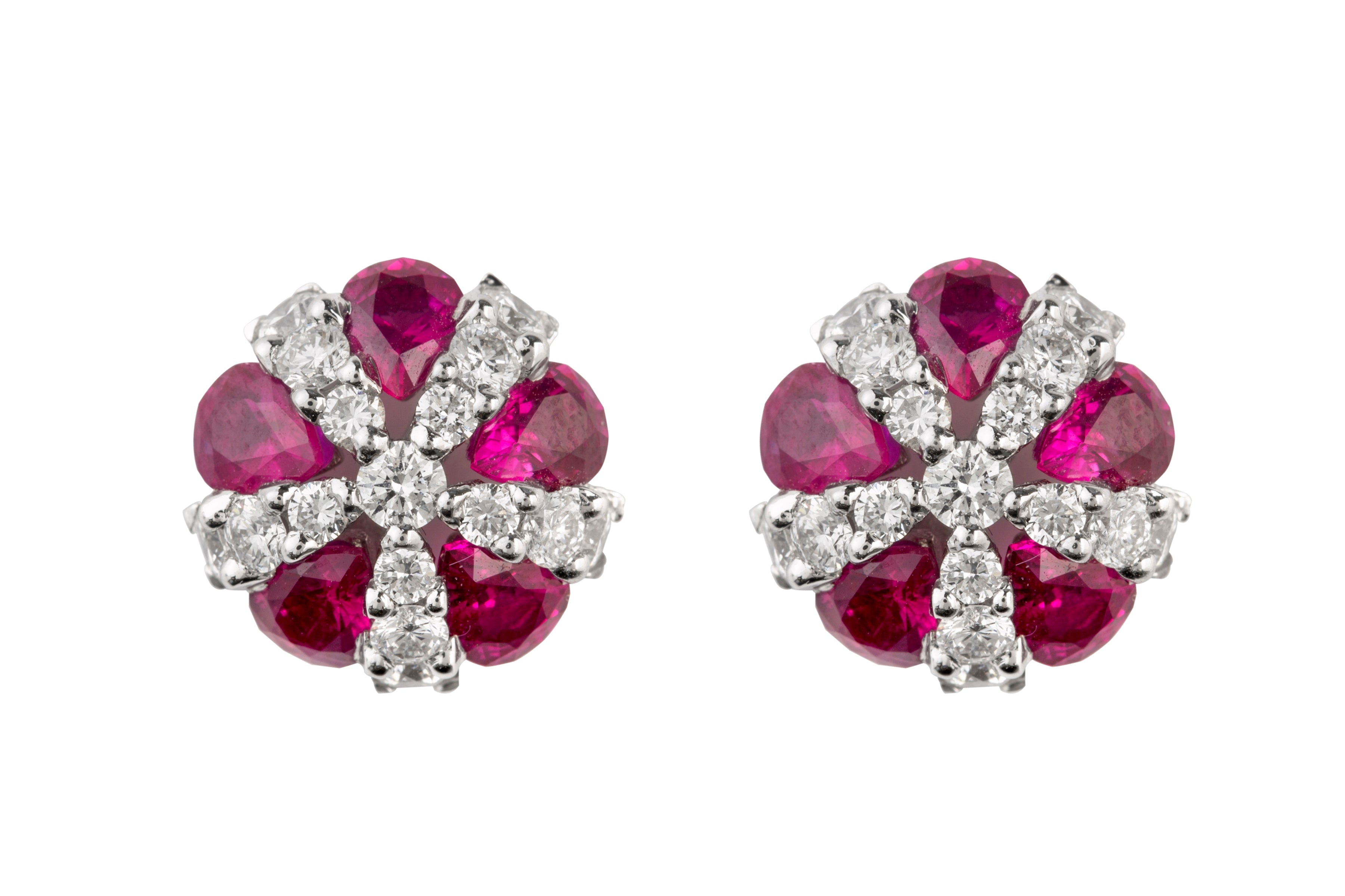 Ruby & Diamond Domed Cluster Earrings in 18ct White Gold