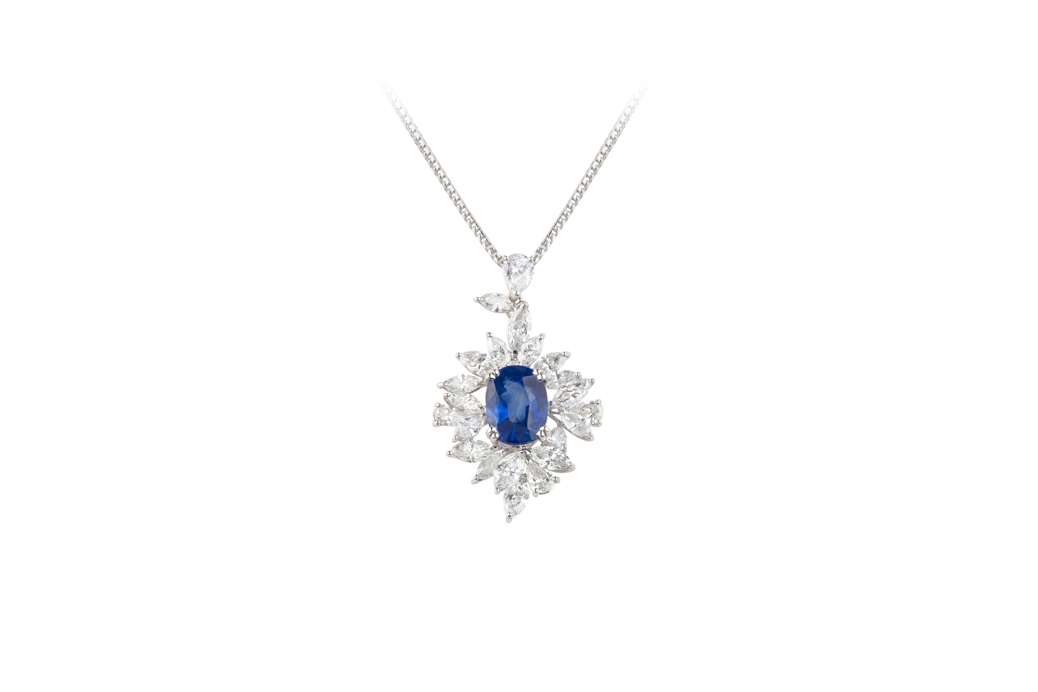 SE11923 Sapphire & Diamond Abstract Vintage Pendant & Chain in 18ct White Gold