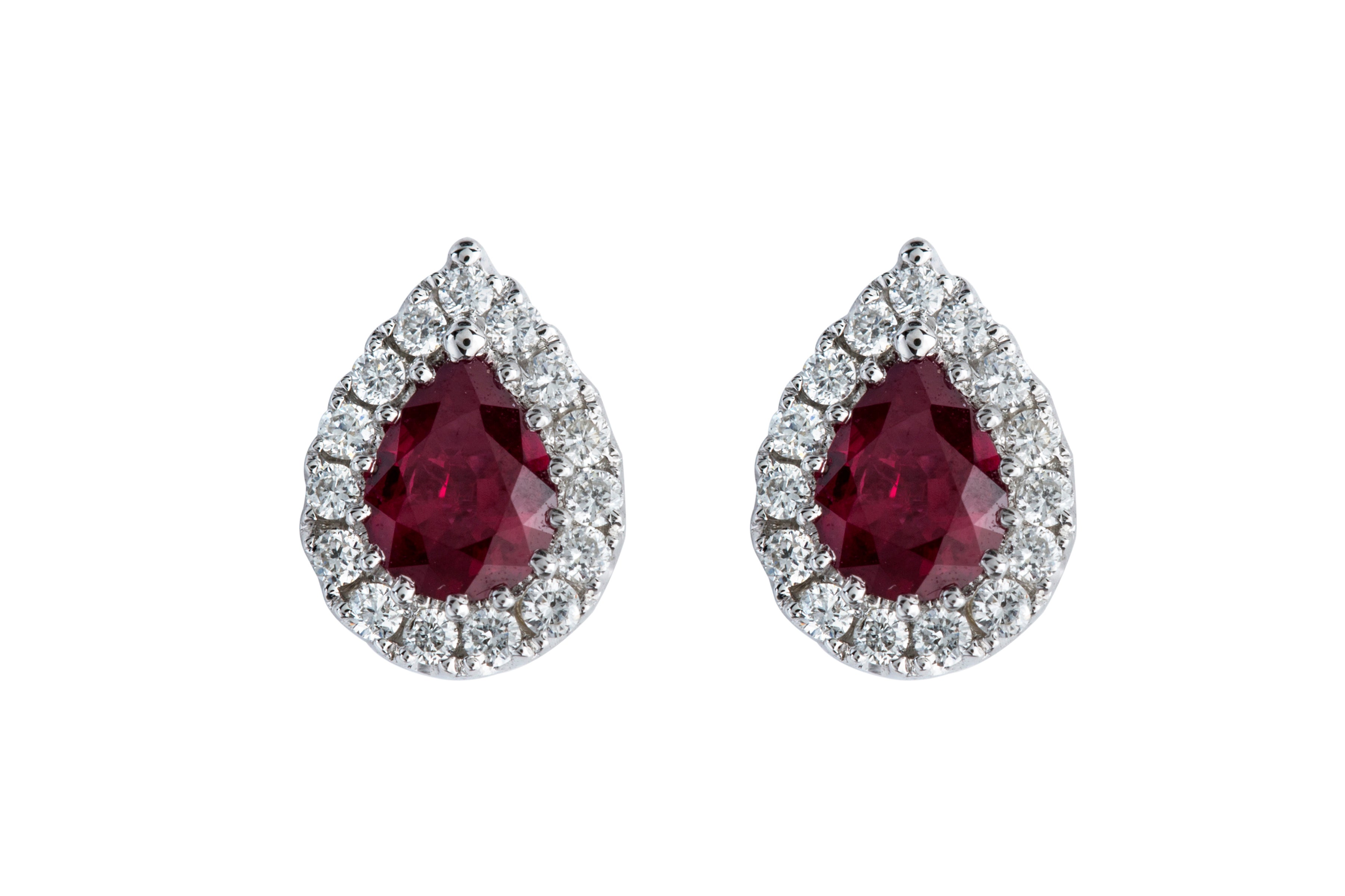 Ruby & Diamond Pear Shape Cluster Earrings in 18ct White Gold
