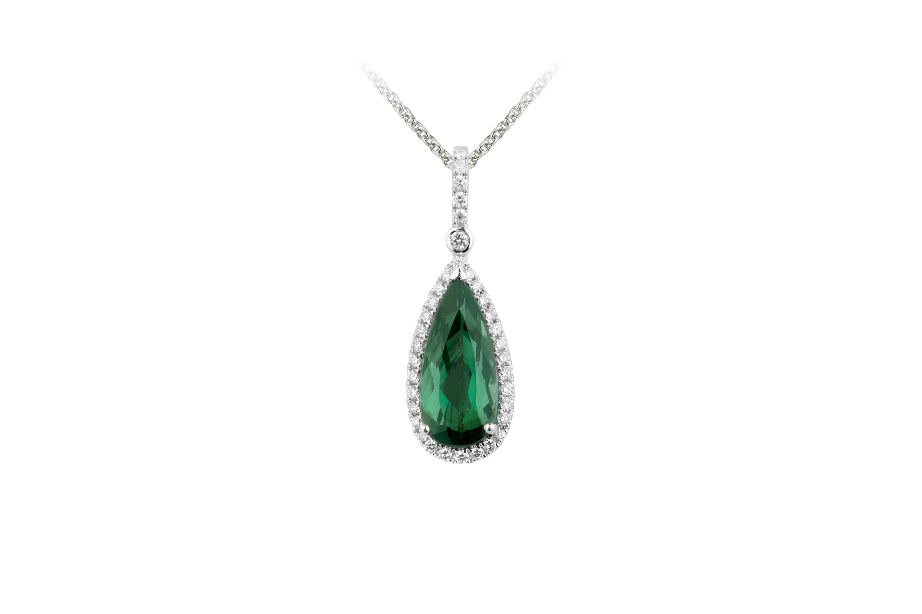 SE13917 Green Tourmaline & Diamond Drop Pendant & Chain in 18ct White Gold