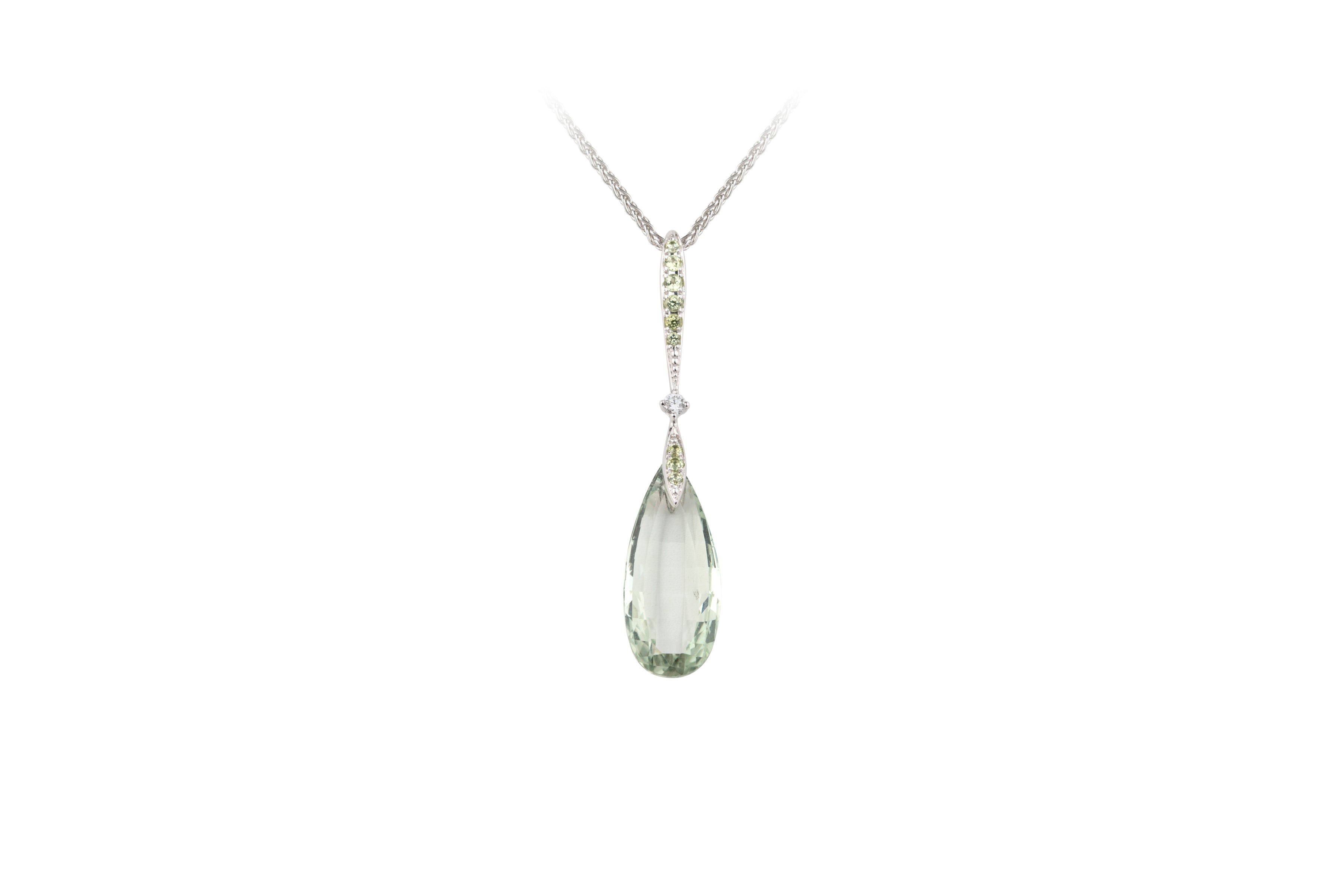 TP12911 Green Quartz, Peridot & Diamond Long Drop Pendant & Chain in 18ct White Gold