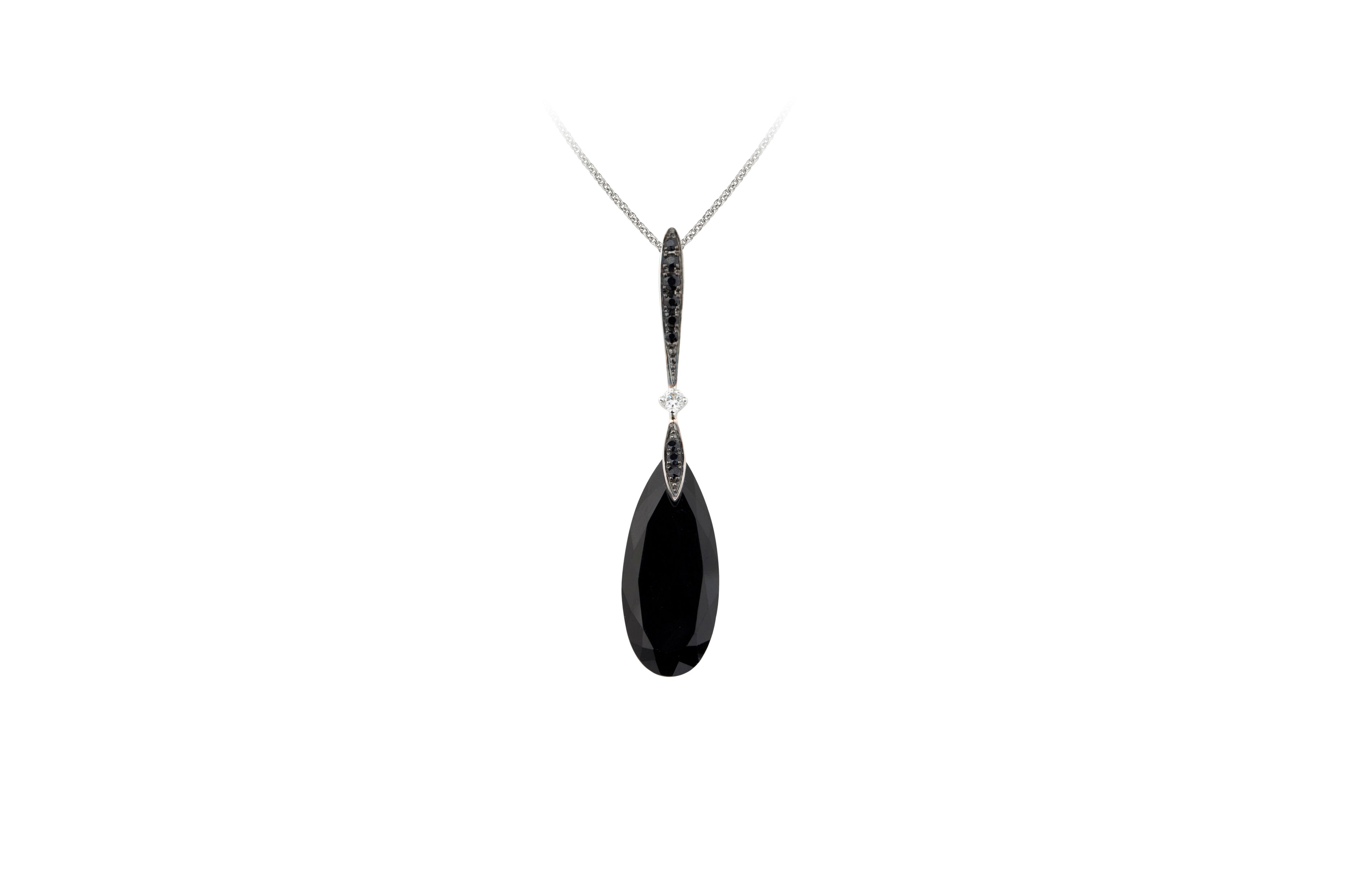 TP12915 Onyx, Black Sapphire & Diamond Long Drop Pendant & Chain in 18ct White Gold