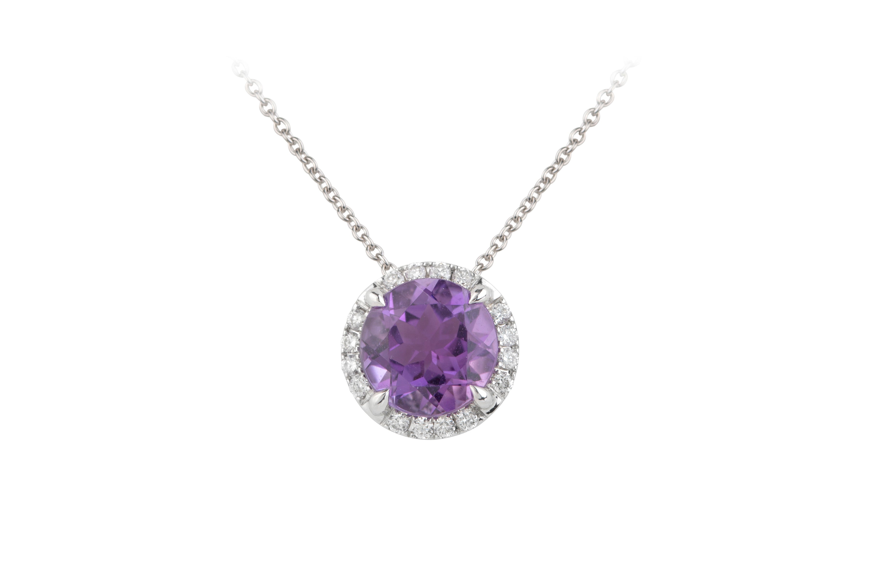 TP13832 Amethyst & Diamond Round Cluster Pendant  & Chain in 18ct White Gold