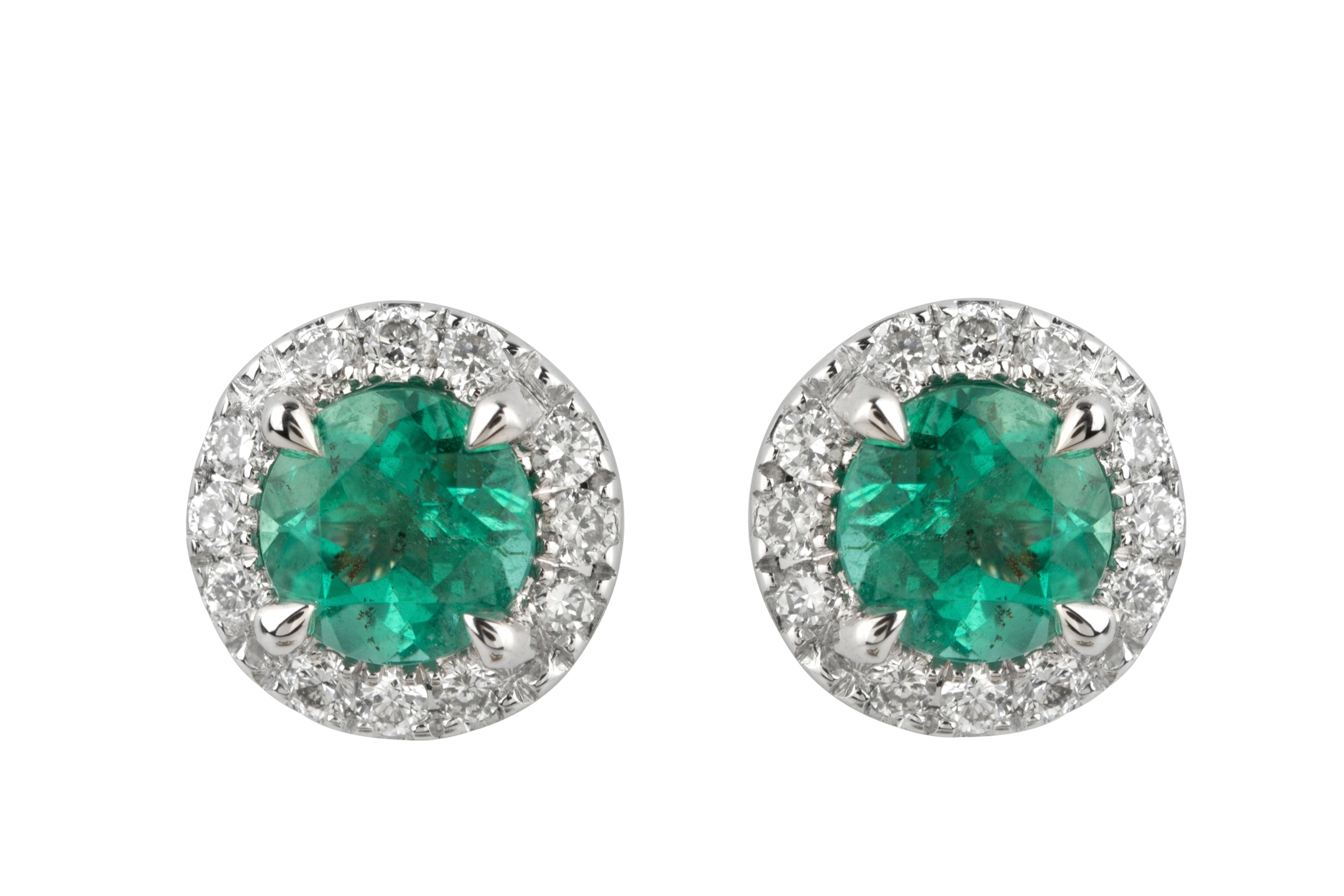 Emerald & Diamond Round Cluster Earrings in 18ct White Gold
