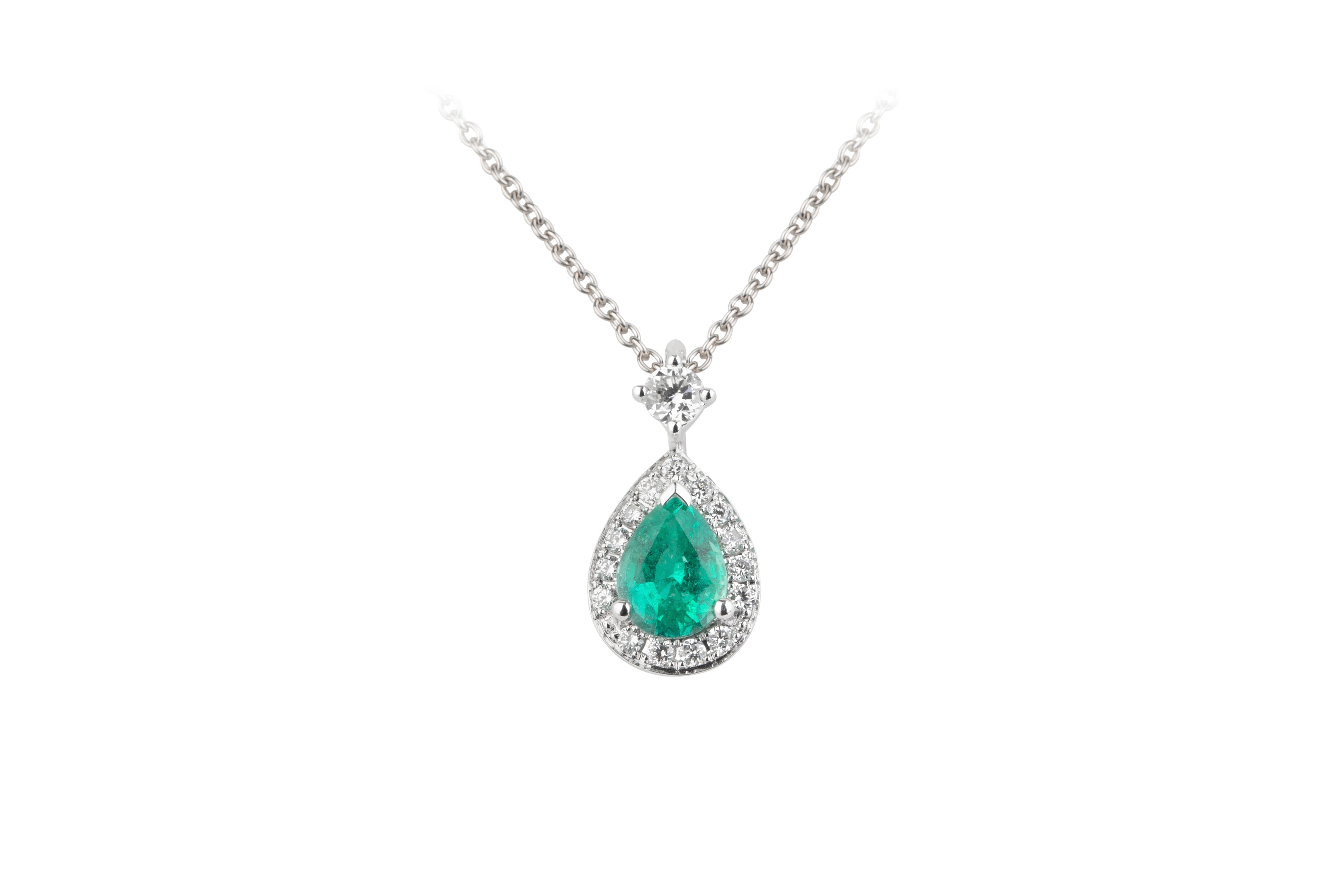 Emerald & Diamond Pear Cluster Pendant & Chain in 18ct White Gold