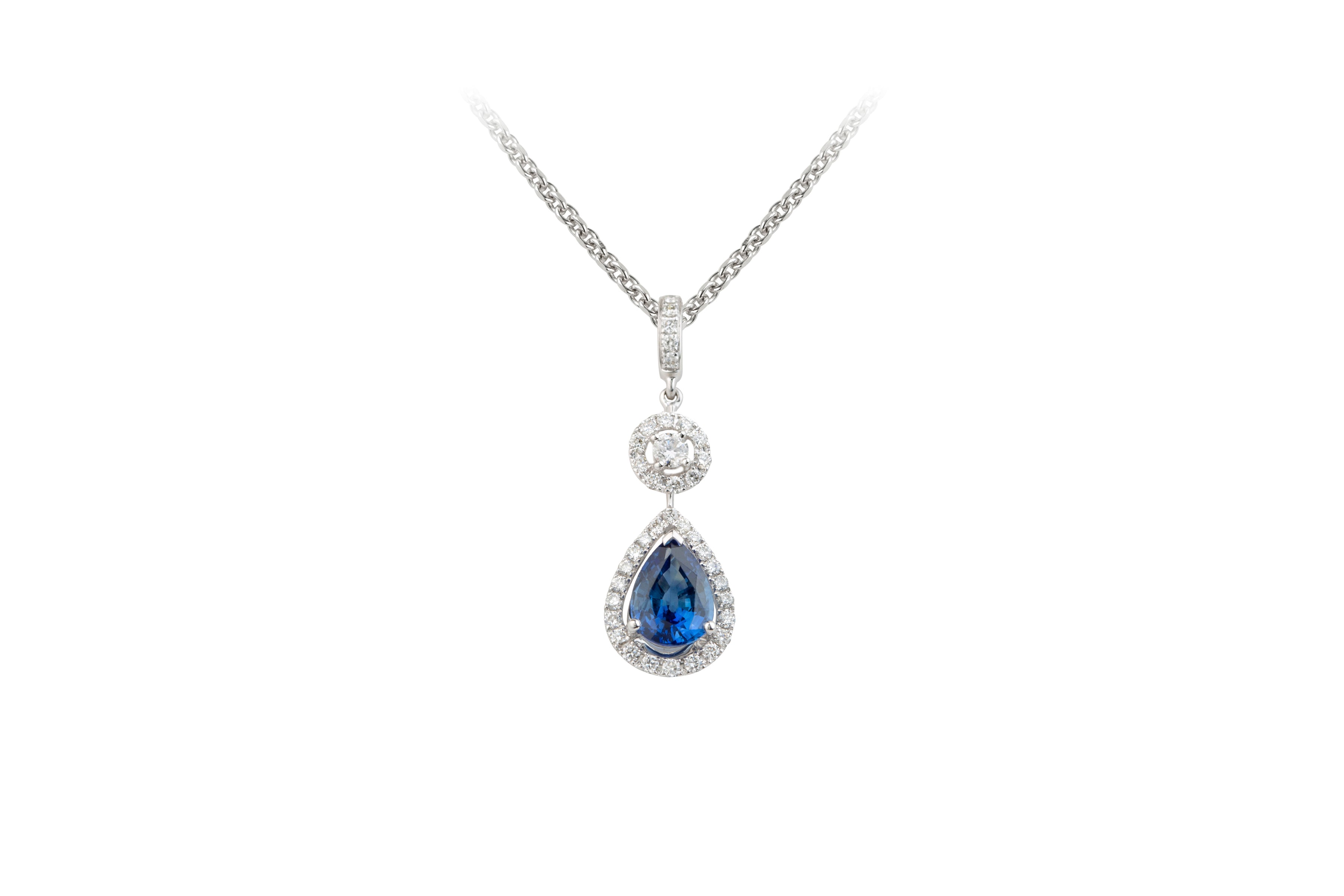 TP13830 Sapphire & Diamond Drop Pendant & Chain in 18ct White Gold