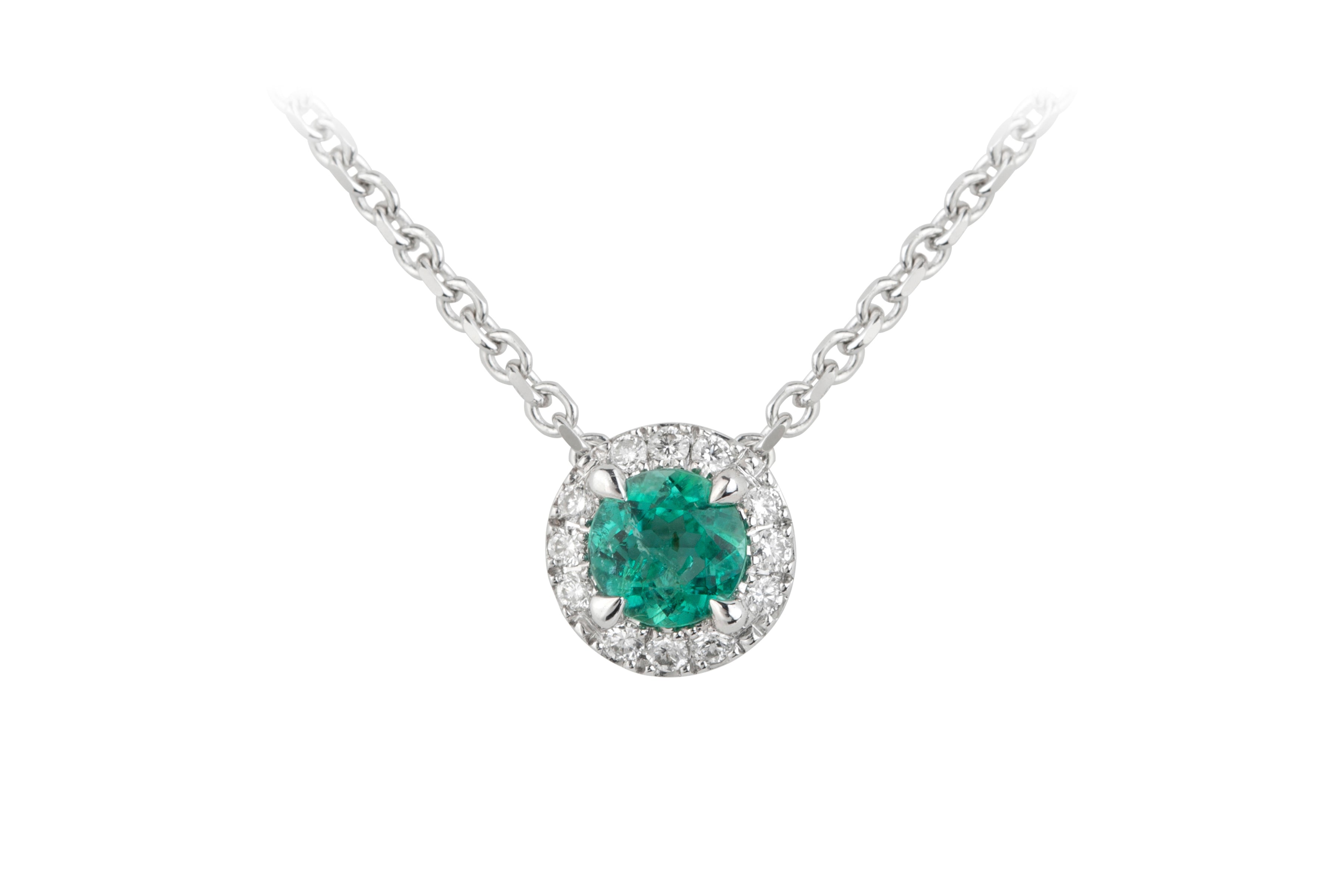 TP14920 Emerald & Diamond Round Cluster Pendant & Chain in 18ct White Gold