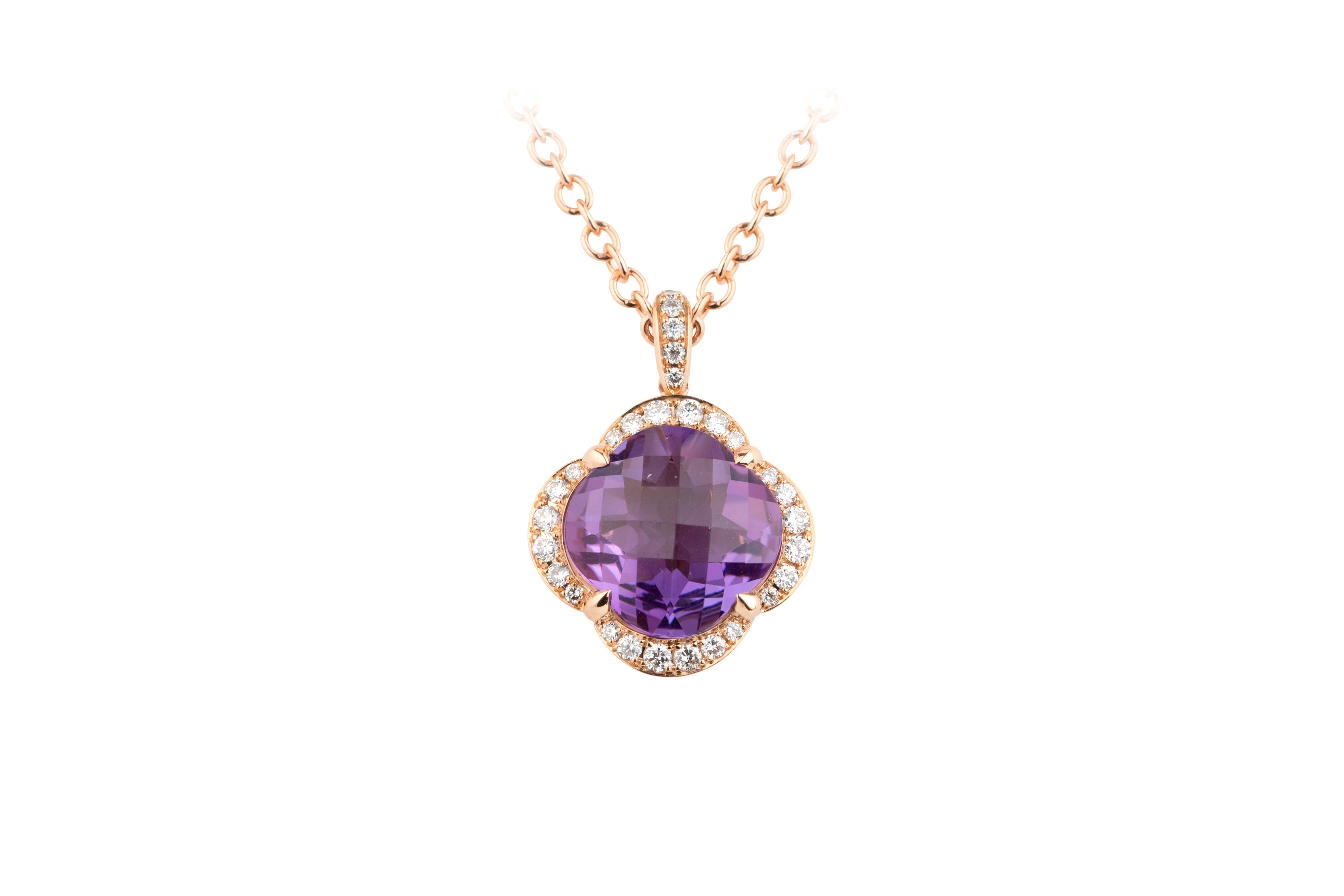 TP14923 Amethyst & Diamond Flower Pendant & Chain in 18ct Rose Gold