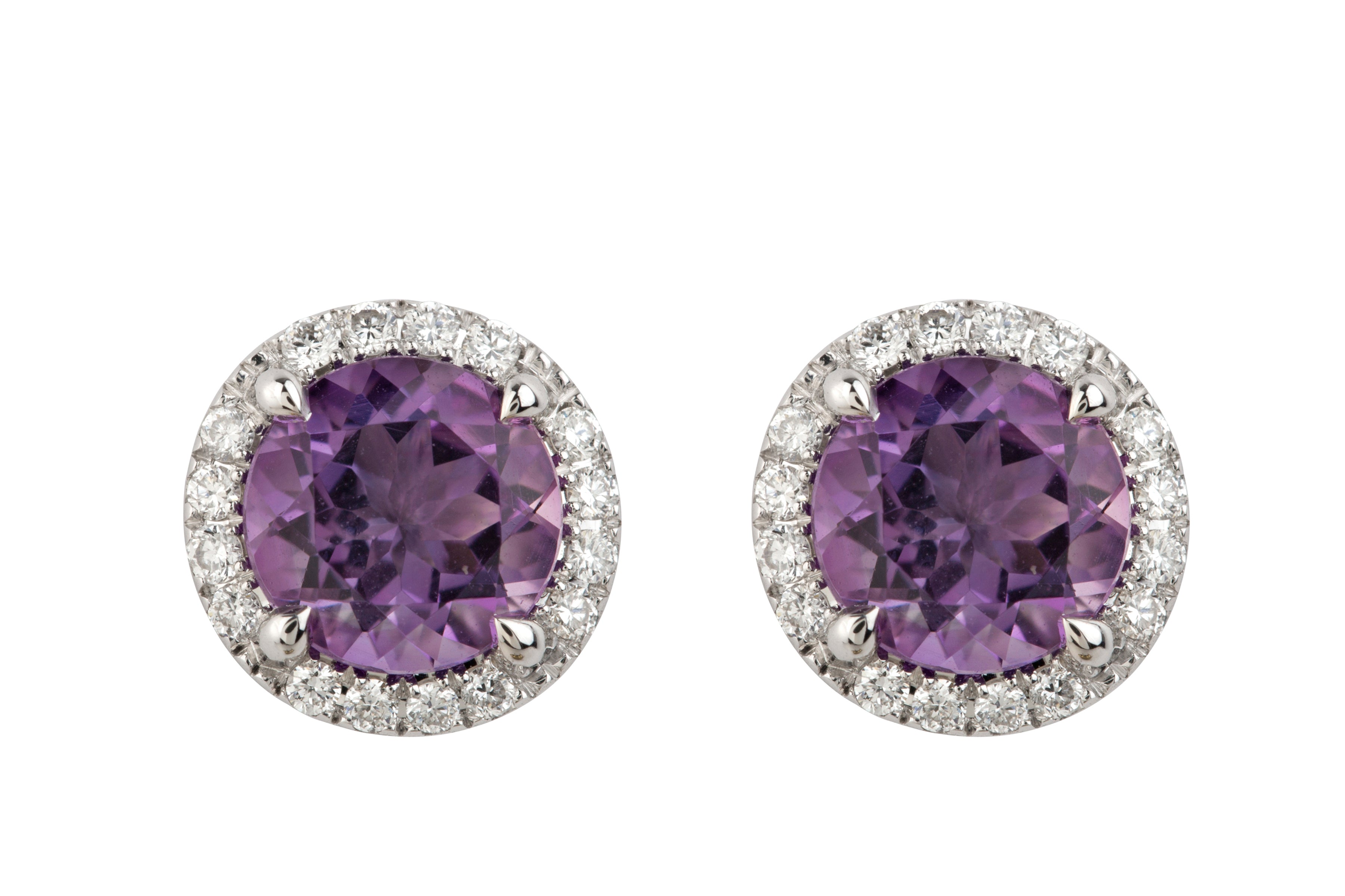 Amethyst & Diamond Cluster Earrings in 18ct White Gold