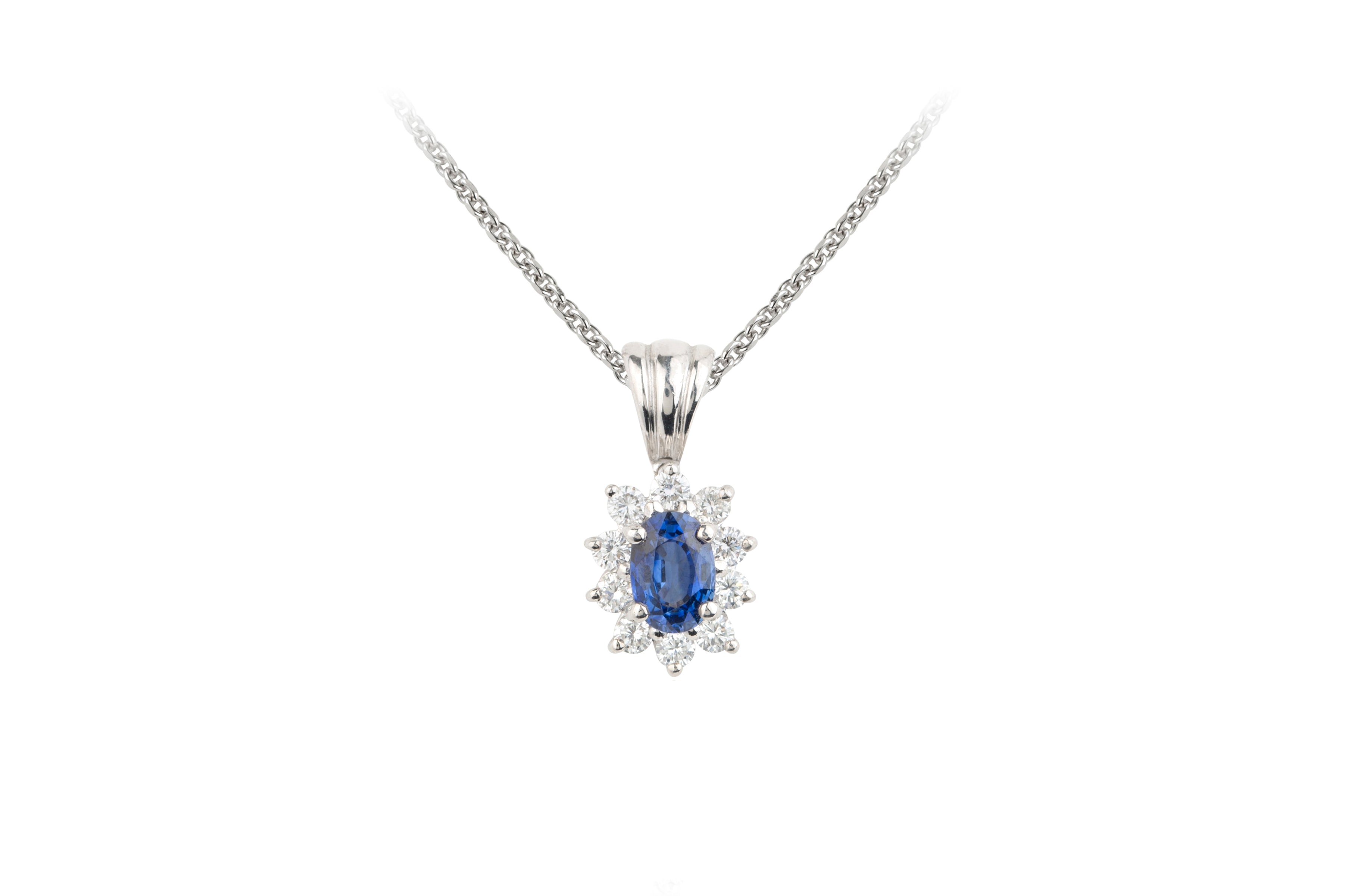 TP3950 Sapphire & Diamond Oval Cluster Pendant & Chain in 18ct White Gold