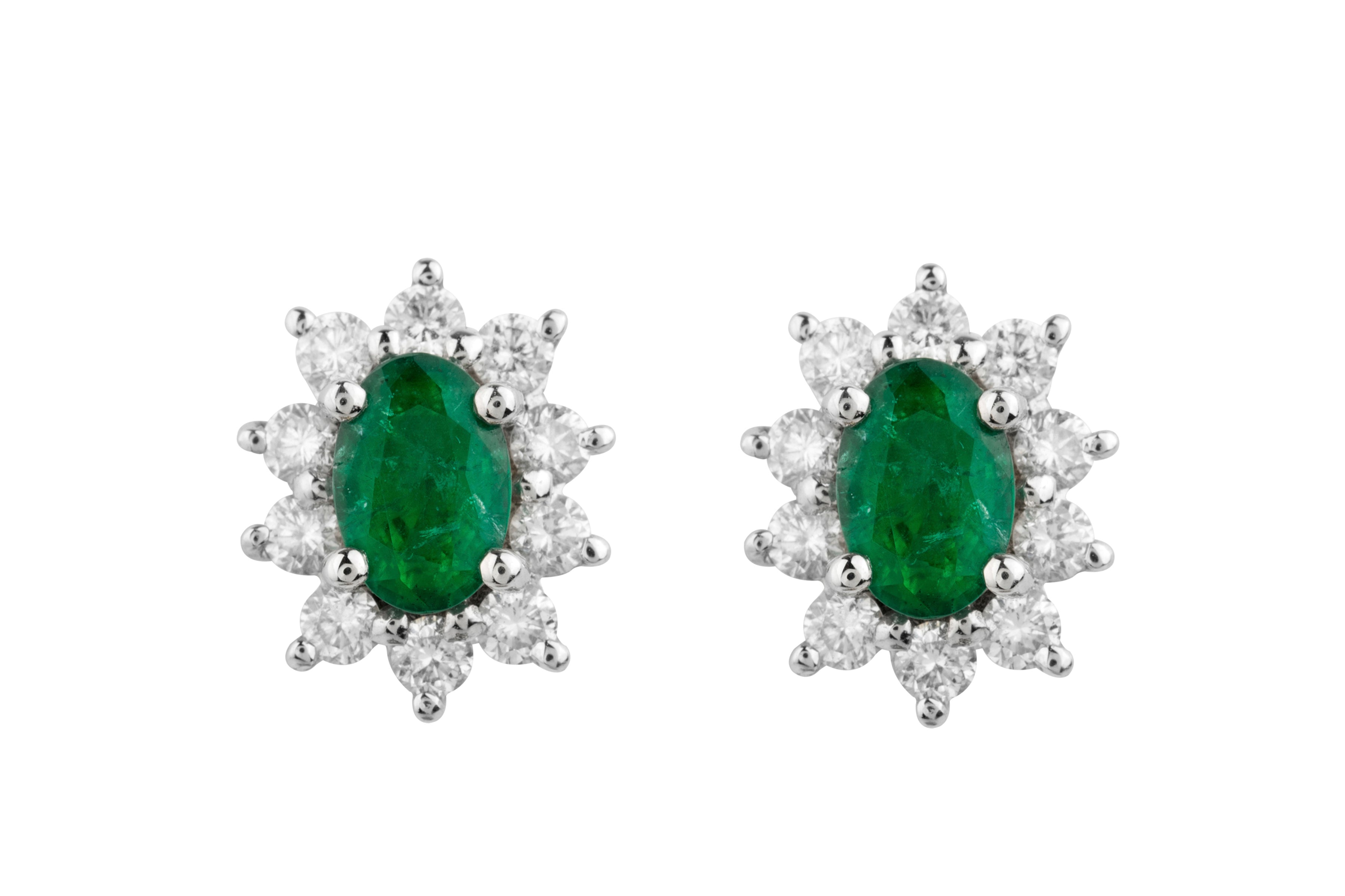Emerald & Diamond Oval Cluster Earrings in 18ct White & Yellow Gold