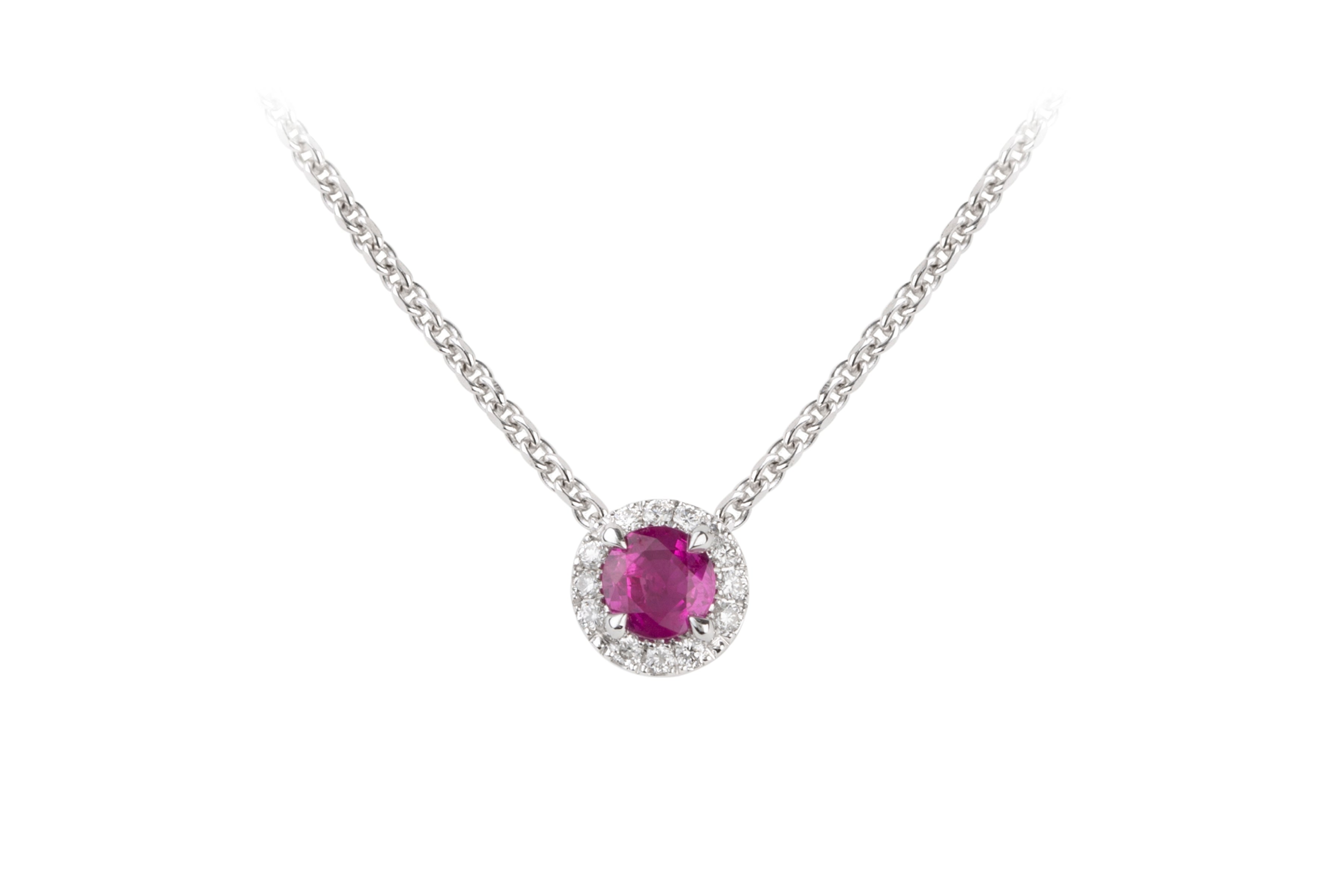 Ruby & Diamond Cluster Pendant & Chain in 18ct White Gold