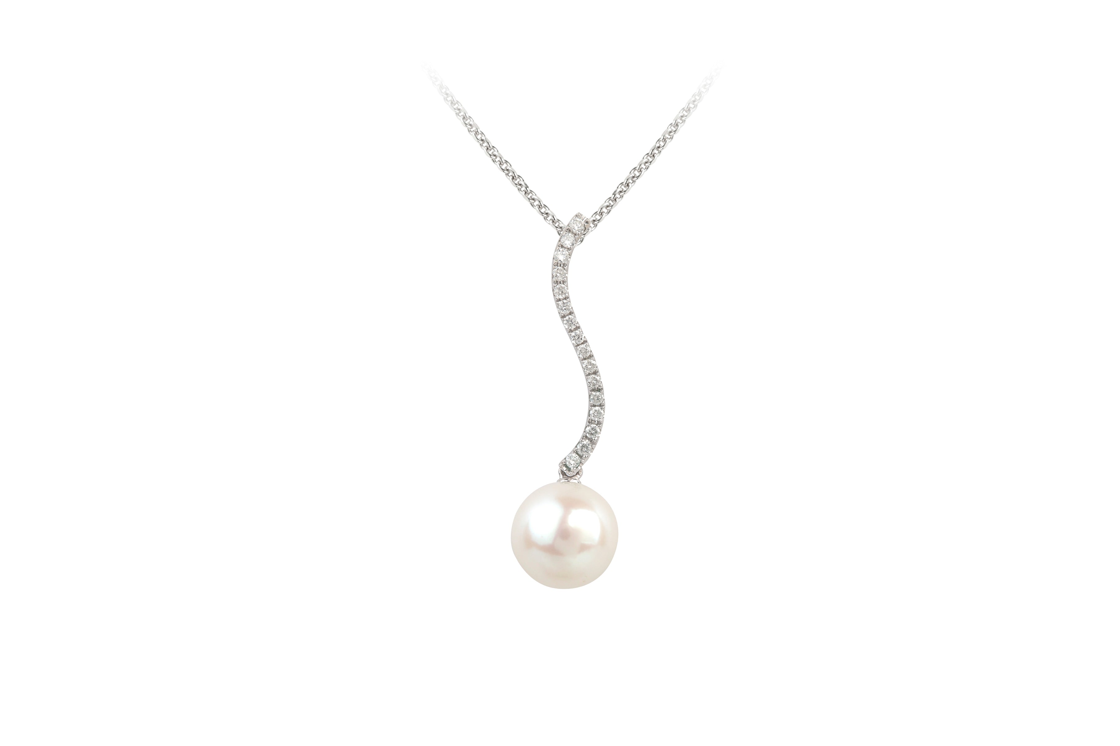 Cultured Pearl & Diamond Line Pendant in 18ct White Gold