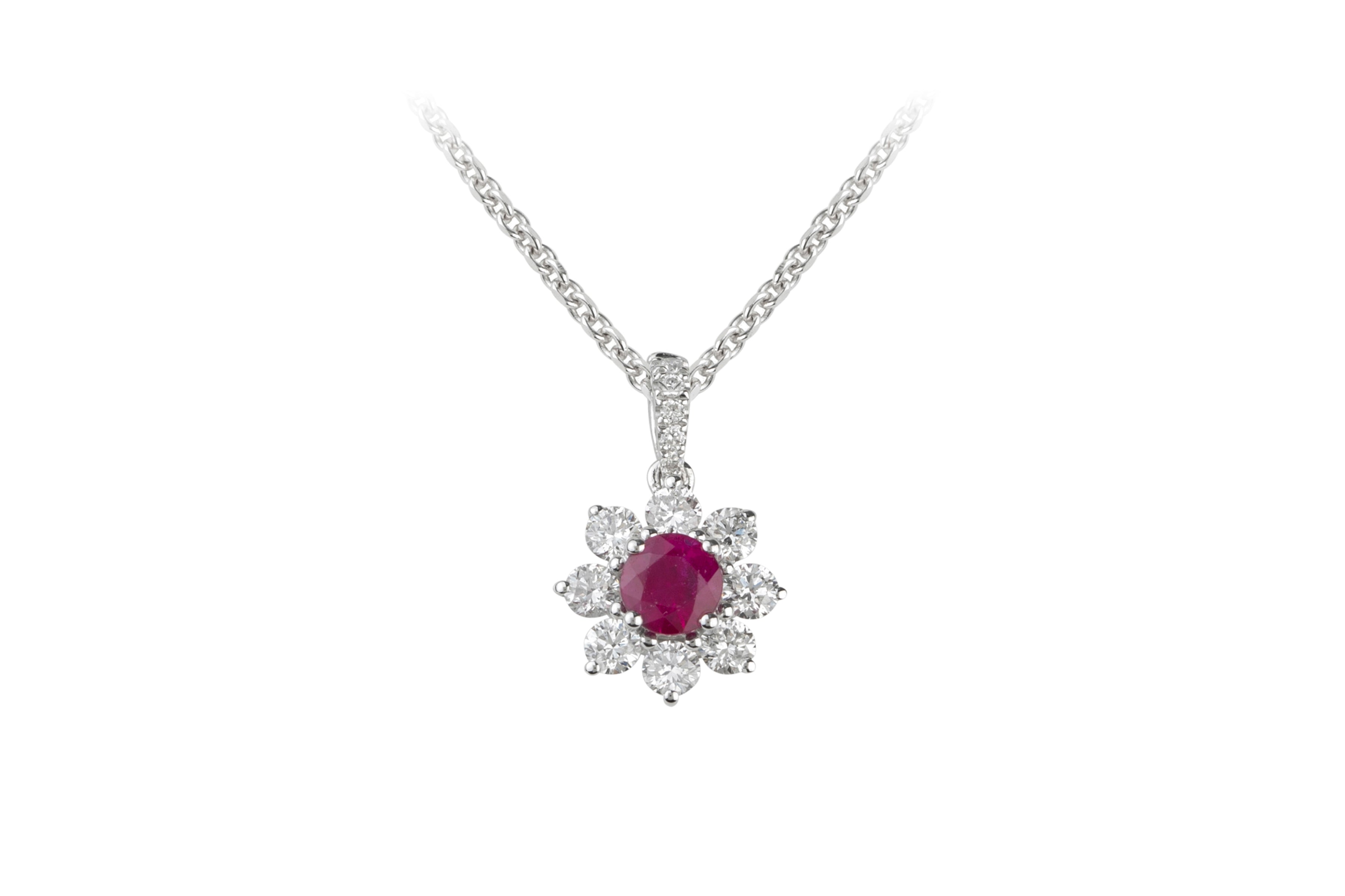 Ruby & Diamond Round Cluster Pendant & Chain in 18ct White Gold