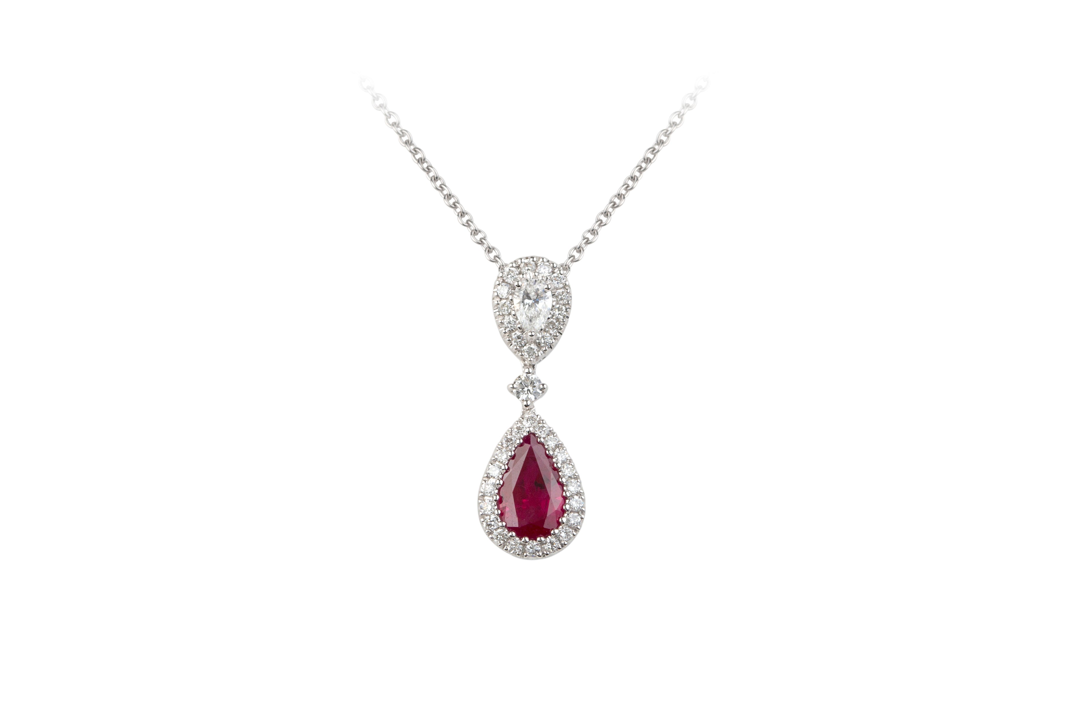 Ruby & Diamond Drop Cluster Pendant & Chain in 18ct White Gold