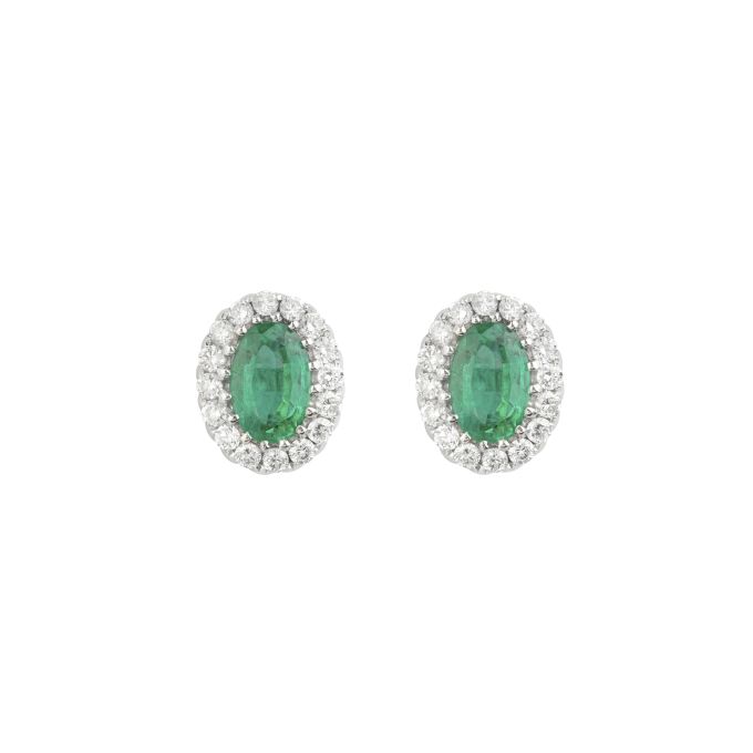 Emerald & Diamond Oval Cluster Earrings in 18ct White Gold