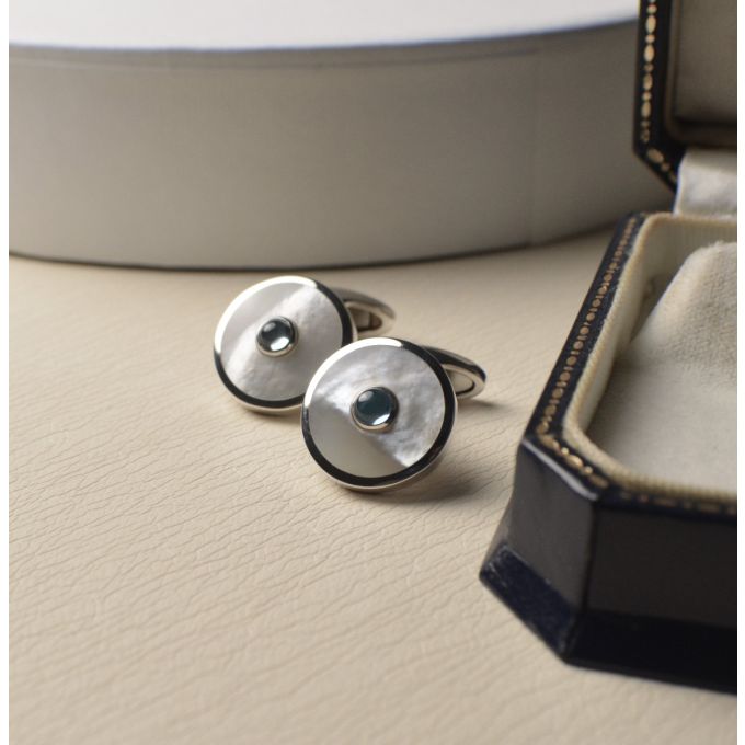 Sterling Silver Cufflinks set with White Mother of Pearl & Blue Topaz