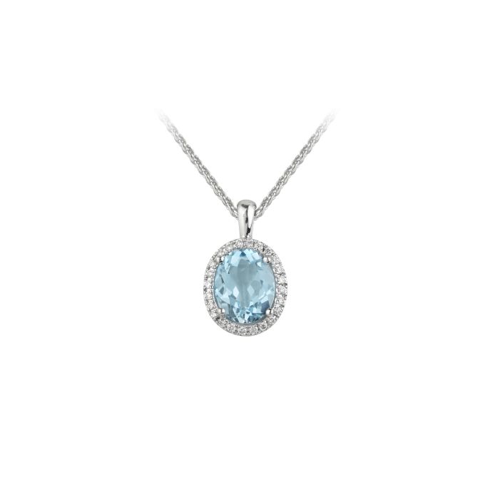ER10816 Blue Topaz Faceted & Diamond Oval Cluster Pendant & Chain in 18ct White Gold