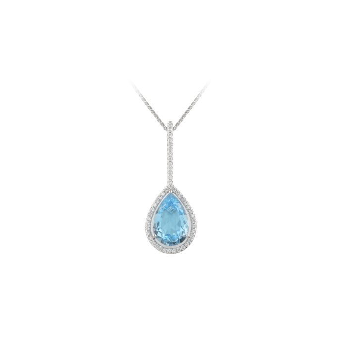 ER10920 Blue Topaz & Diamond Long Drop Pendant & Chain in 18ct White Gold