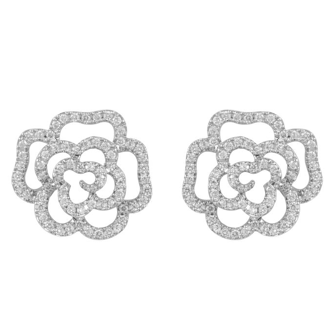 Diamond Rose 3D effect Earrings in 18ct White Gold
