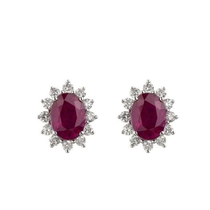 Ruby & Diamond Oval Cluster Earrings in 18ct White Gold