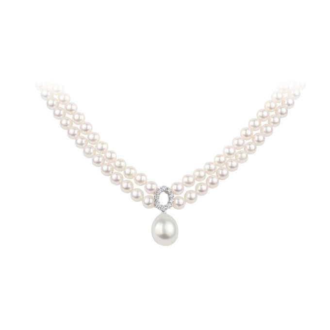 South Sea Cultured Pearl Drop & Diamond Motif in 18ct White Gold with 2 Row Cultured Pearl Choker