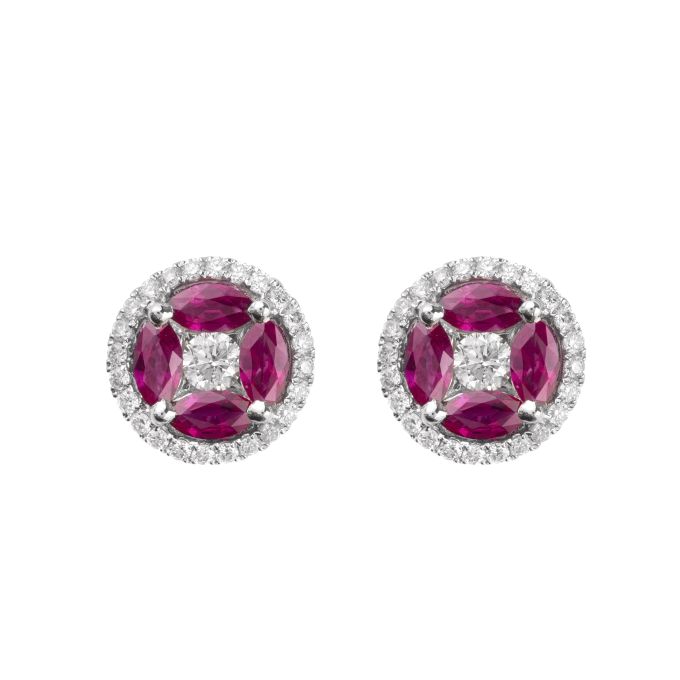 Ruby & Diamond Cluster Earrings in 18ct White Gold