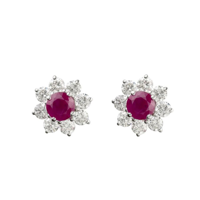 Ruby & Diamond Round Cluster Earrings in 18ct White Gold