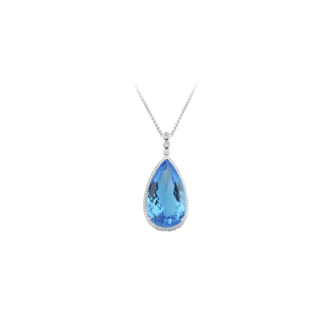 SB13904 Blue Topaz Pear Cut & Brilliant Cut Diamond Pendant & Chain in 18ct White Gold