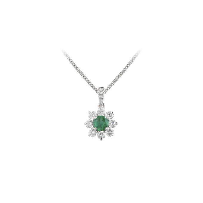 SB13915 Emerald & Diamond Round Cluster Pendant & Chain in 18ct White Gold