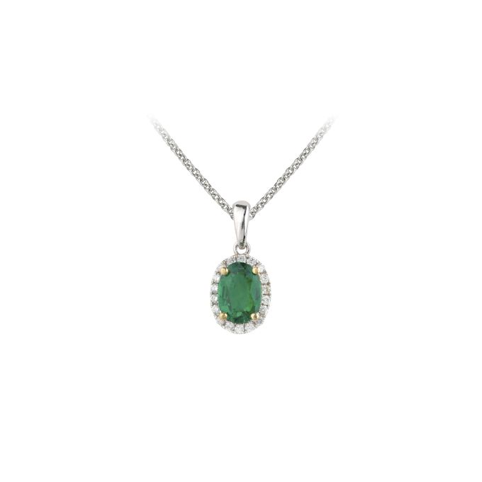 SB14907 Emerald & Diamond Oval Cluster Pendant & Chain in 18ct White Gold