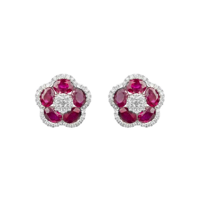 Ruby & Diamond Cluster Earrings in 18ct White Gold