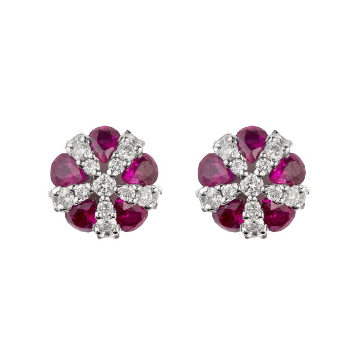 Ruby & Diamond Domed Cluster Earrings in 18ct White Gold