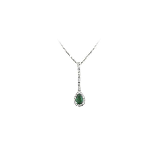 SE11927 Emerald & Diamond Drop Pendant & Chain in 18ct White Gold
