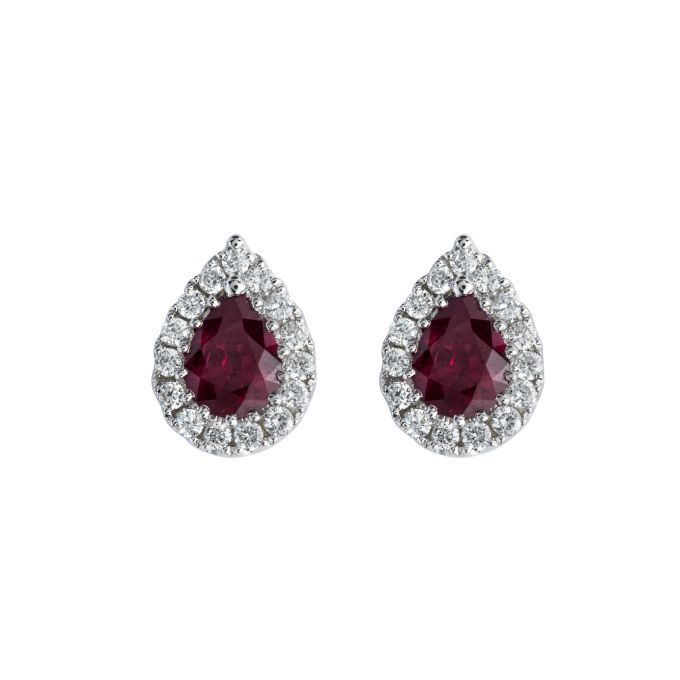 Ruby & Diamond Pear Shape Cluster Earrings in 18ct White Gold