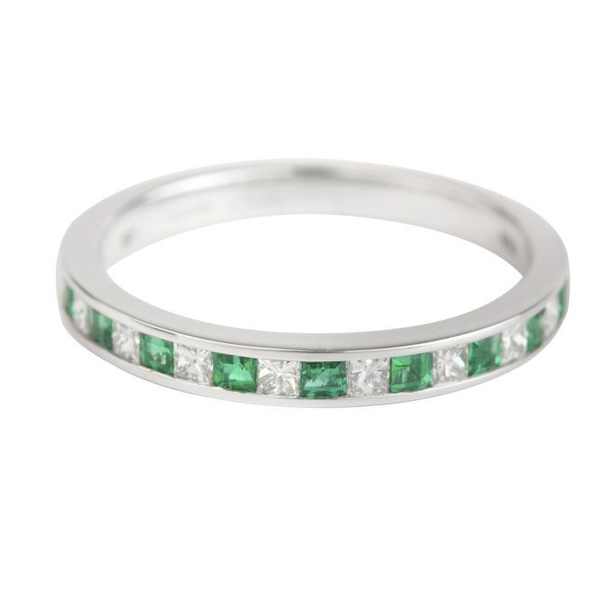 TP10524 Emerald & Princess-cut Diamond Half Eternity Channel set Ring in 18ct White Gold