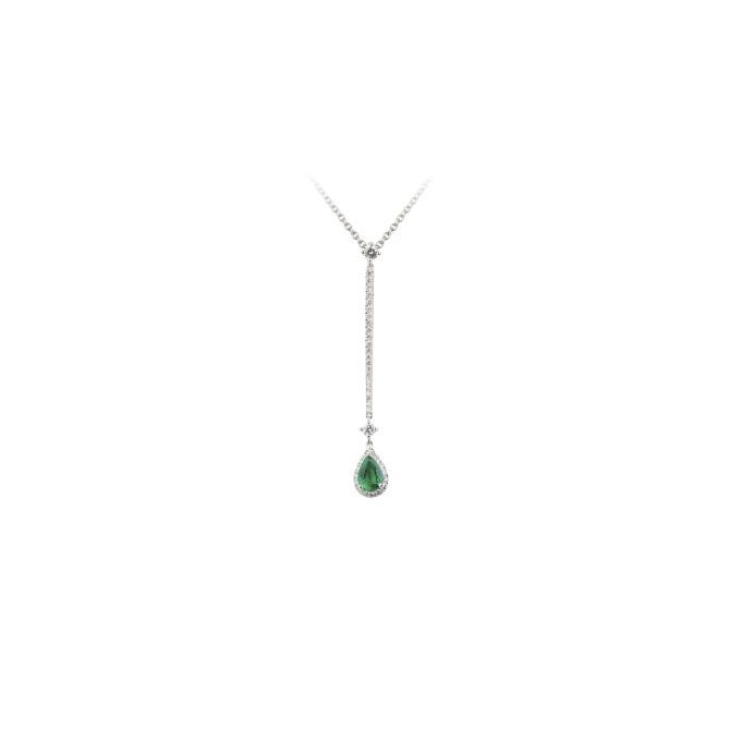 Emerald & Diamond Line & Drop Cluster Pendant & Chain in 18ct White Gold