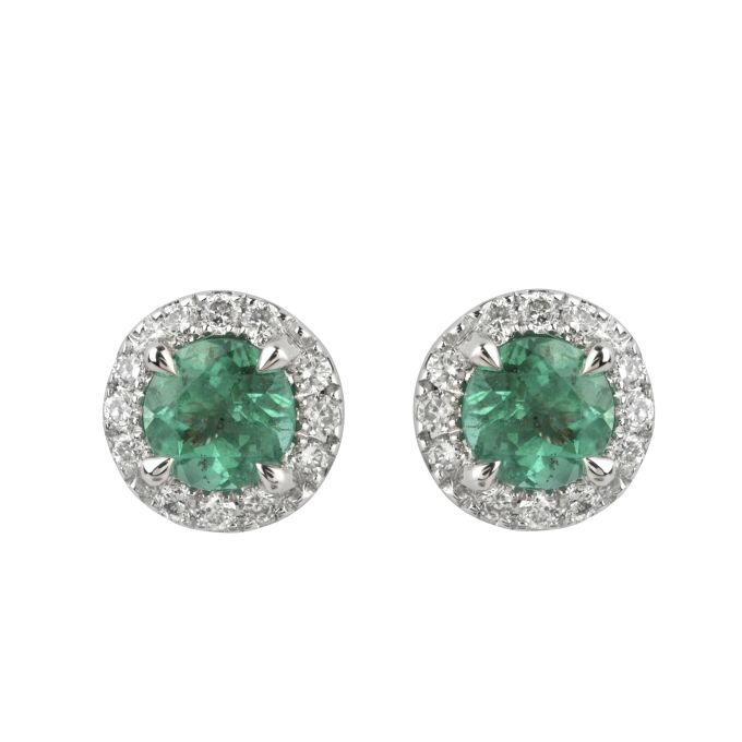 Emerald & Diamond Round Cluster Earrings in 18ct White Gold