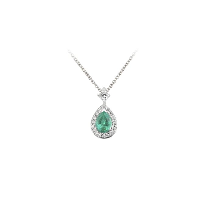 Emerald & Diamond Pear Cluster Pendant & Chain in 18ct White Gold