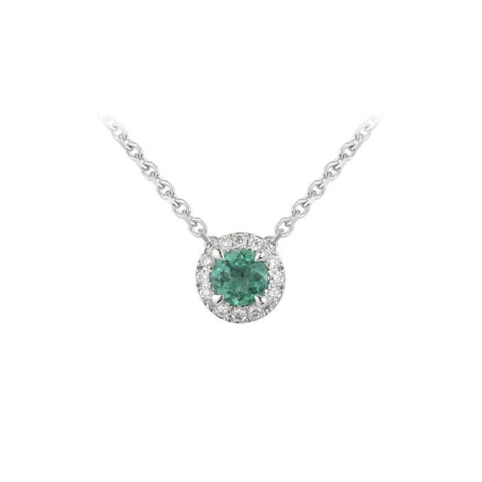 TP14920 Emerald & Diamond Round Cluster Pendant & Chain in 18ct White Gold