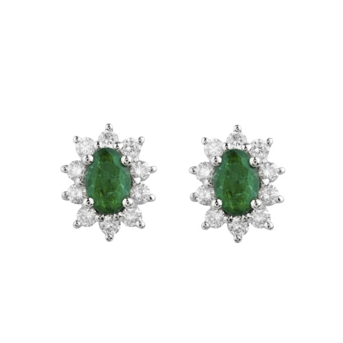 Emerald & Diamond Oval Cluster Earrings in 18ct White & Yellow Gold