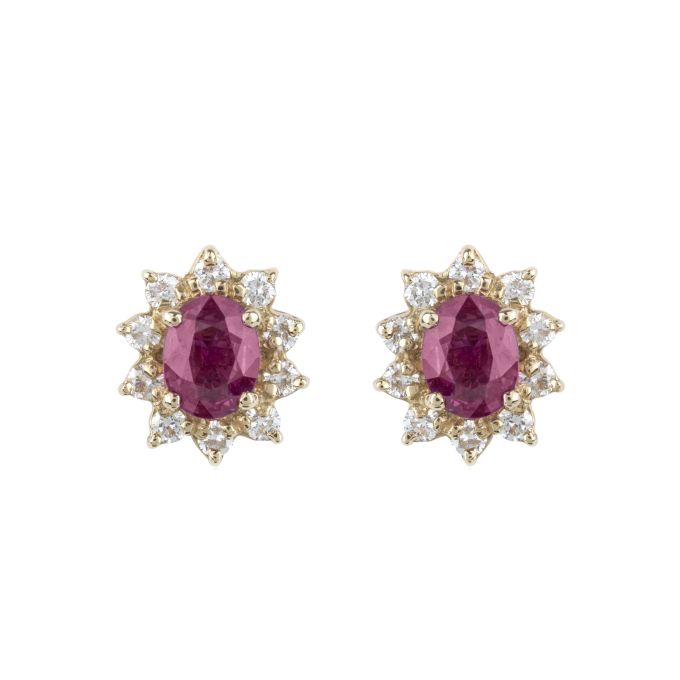 TP4669 Ruby & Diamond Oval Cluster Earrings in 18ct Yellow Gold