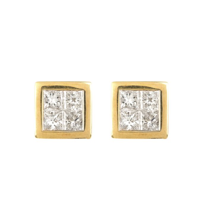 Diamond Square Stud Earrings in 18ct Yellow Gold