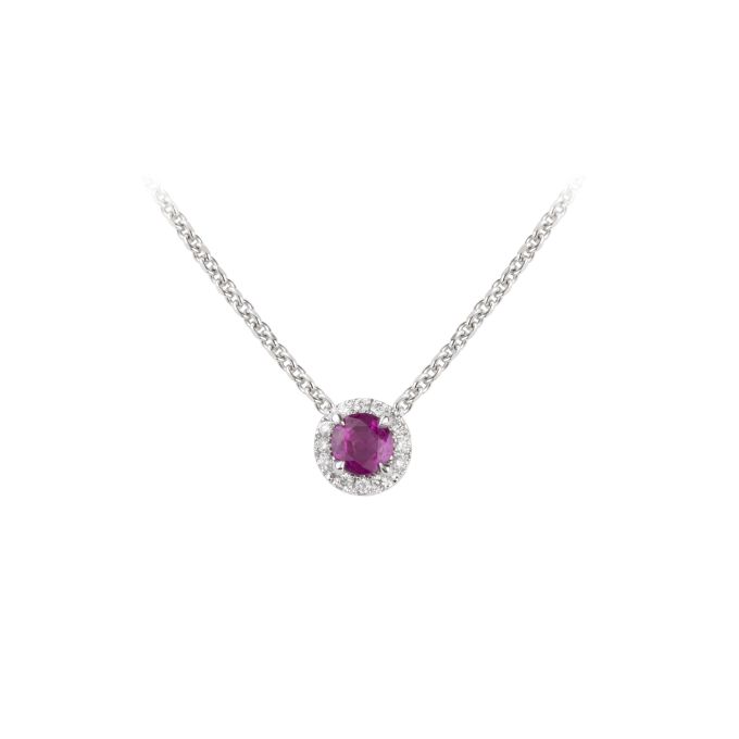 Ruby & Diamond Cluster Pendant & Chain in 18ct White Gold