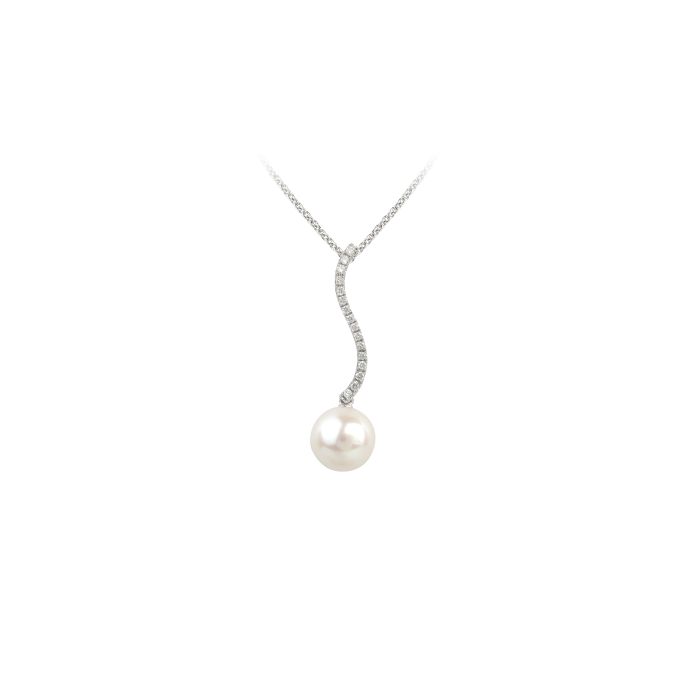 Cultured Pearl & Diamond Line Pendant in 18ct White Gold