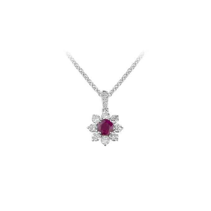 Ruby & Diamond Round Cluster Pendant & Chain in 18ct White Gold